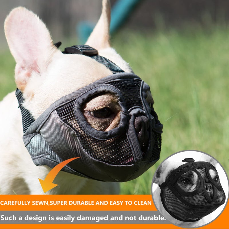 JYHY Short Snout Dog Muzzles- Adjustable Breathable Mesh Bulldog Muzzle for Biting Chewing Licking Training Grooming Dog Mask (Grey(Eyehole), Large/15-25") - Image 4